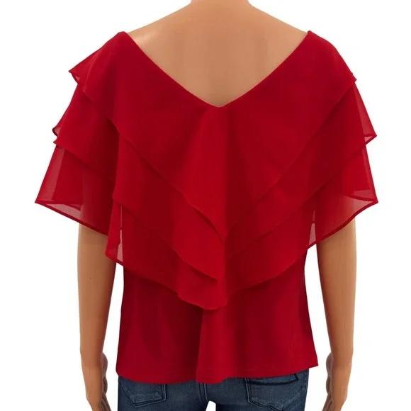 Via Ritina Red Tiered Ruffle Blouse V-Neck Short Flutter Sleeve Top Large - Picture 4 of 9